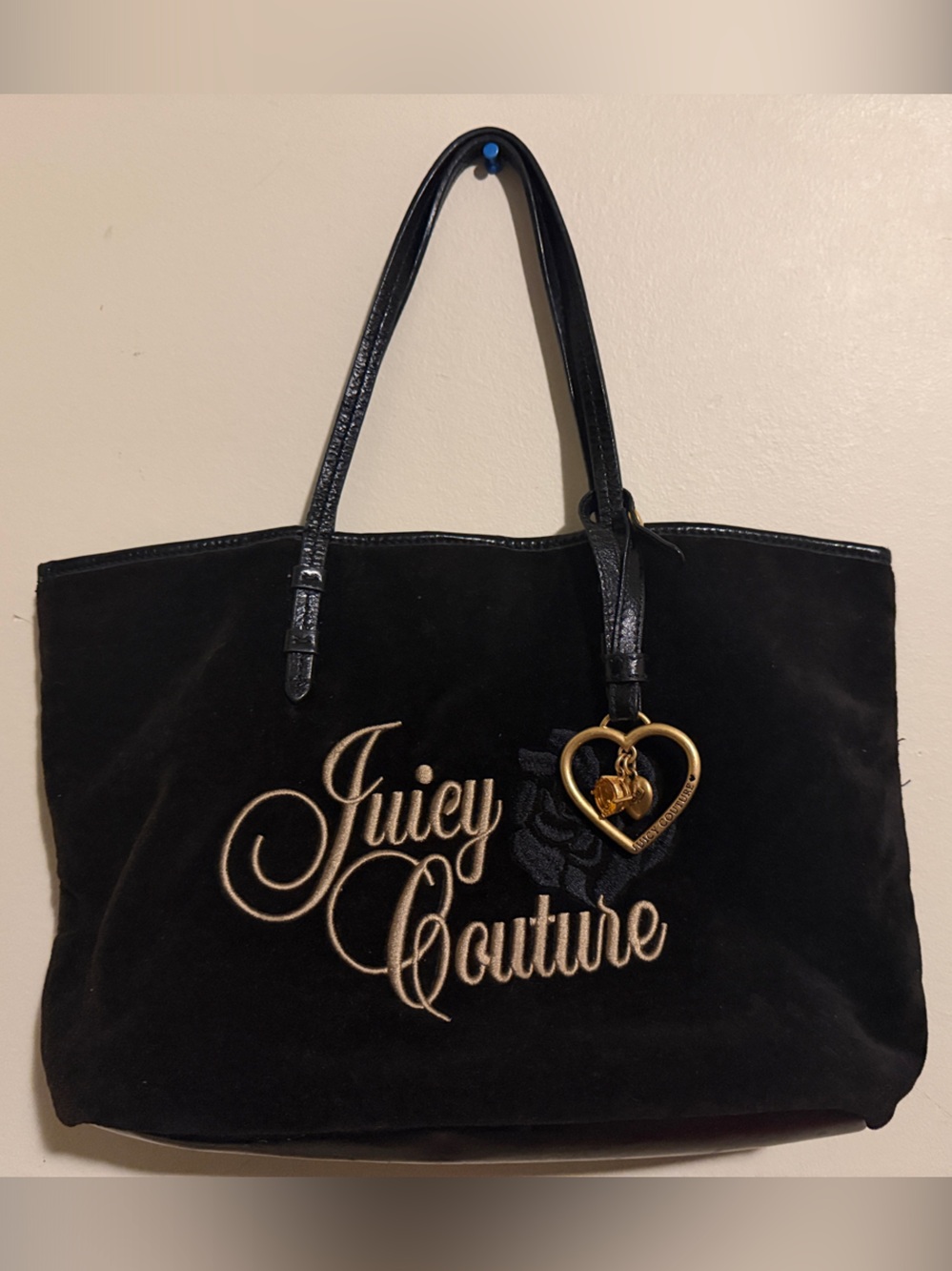 Juicy Couture Black Velvet Tote with Gold Heart Charm Accent
